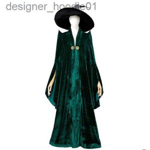 Dames Cape Professor Mcgonagall Kostuum Volwassen Dames Groen Fluwelen Mantel Cape Gewaad Zwarte Heksenhoed Halloween Party cosplay Kleding L230914