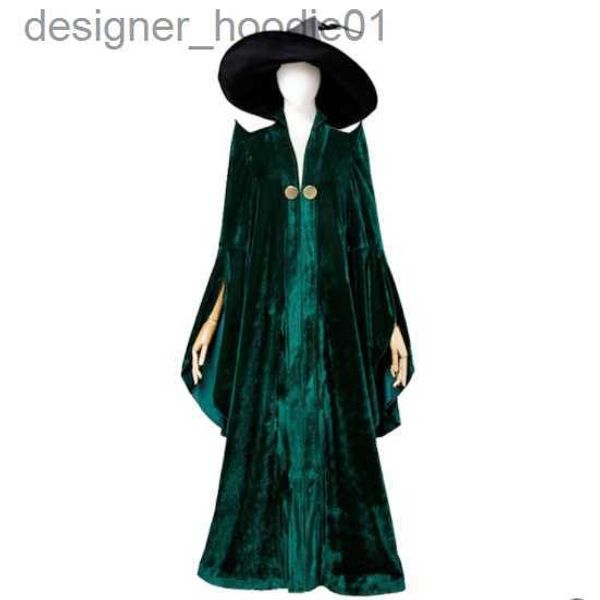 Cape femme professeur McGonagall Costume adulte femmes vert velours Cape Cape Robe noir sorcière chapeau Halloween fête cosplay vêtements L230914
