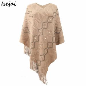 Cape rayée pour femme et manteau châle à franges avec perles Poncho automne 231023