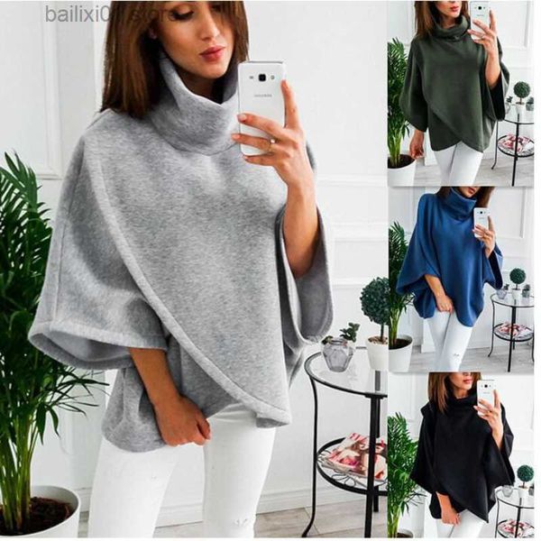 Capa de mujer Cuello alto Casual Mangas de murciélago Mantón Impermeable 2023 Abrigo de invierno Chaqueta vintage sólida suelta para mujer Capa de lana T230817