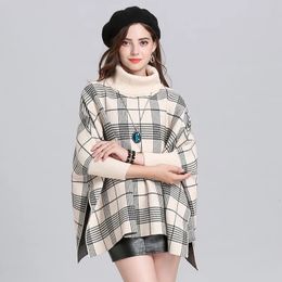 Cape femme Vestes pour femmes douces femmes tricotées Capes Plaid Jacquard Ponchos lâche col de tortue pulls dame décontracté fête élégant hauts 231023