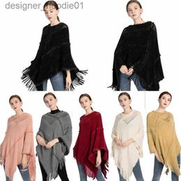 Cape tricotée avec ourlet frangé pour femme, Poncho au Crochet, à la mode, couleur unie, grande taille, L230914, hiver et automne