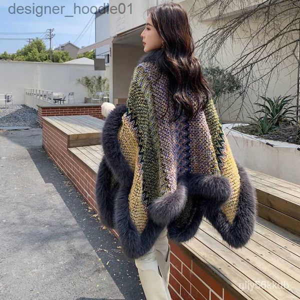 Cape Femme XY2022 Hiver Argent Imitation Fourrure De Renard Surdimensionné Col De Fourrure Style Ethnique Châle Écharpe Cape Manteau De Fourrure Manteau Femme Extérieur L230914