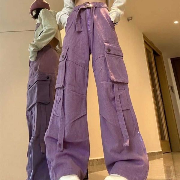 Capris pour femmes taille haute élastique Cargo avec ceinture poche décontractée lâche Vintage Harajuku Streetwear pantalon à jambes larges pantalon violet coréen 0113