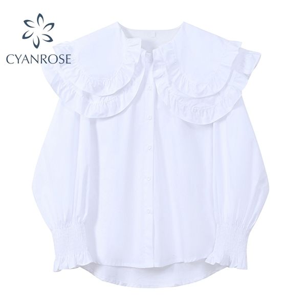 Cardigan Femme Chemisier Blanc Ou Tops Grande Double Couche Col Claudine Chemises Rétro À Manches Longues Doux Style Preppy Blusas 210515