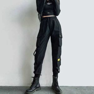 Pantalon Cargo femme ruban noir poche survêtement taille haute Streetwear Harajuku pantalon Punk femmes pantalon sarouel Y0927