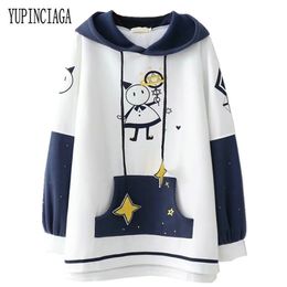 Sudadera con capucha bordada de dibujos animados para mujer con bolsillo Sudaderas con capucha Primavera Nueva manga larga Suéteres sueltos casuales YUPINCIAGA 201217