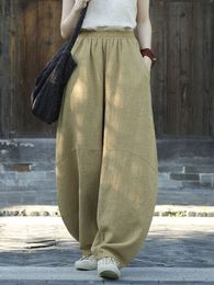Casual katoenen linnen broek met dames met elastische taille ontspannen fit lantaarn broek breedbeen broek 2404254