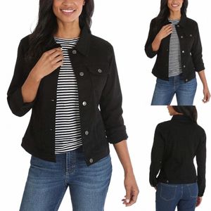 Veste en jean courte décontractée pour femmes Western Basic Revers Butt Up Lg Manches Trucker Jean Veste Biker Manteau Tops p56Q #