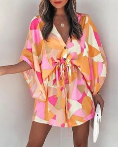 Vestido informal para mujer, novedad de verano 2023, falda de playa con estampado de cordones y cuello en V, Falda corta holgada a la moda para mujer