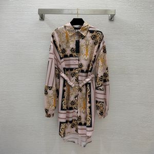 Casual jurk voor dames 2024 lente/zomer retro geprinte revers met één borsten bloemrok met lange mouwen damesjurk met lange mouwen