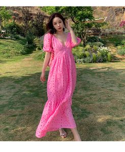 Casual damesjurken van hoge kwaliteit v-hals bladerdeeg korte mouw roze kleur losse zeemeermin maxi lange jurk SML XL