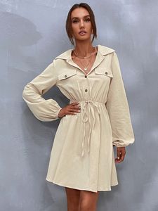 Robes décontractées pour femmes printemps automne taille élastique couleur unie col rabattu robe à manches longues simple boutonnage capricieux trajet avec ceinture jupe trapèze