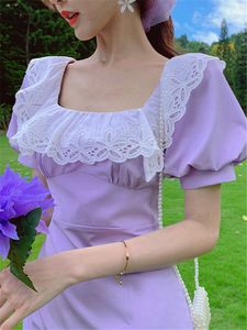 Robes décontractées pour femmes col carré manches courtes bouffantes dentelle patchwork couleur violette taille mince robe trapèze S M L XL