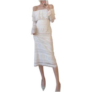 Casual jurken voor dames witte kleur schuine nek uit schouderflare lange mouw slanke taille kant miidi lange vestidos smlxl