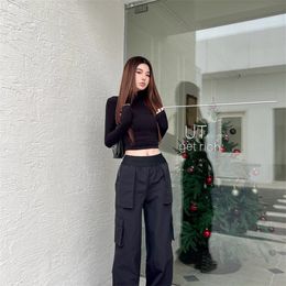 Pantalon décontracté taille haute pour femme, vêtement de travail noir, fermeture éclair, rue américaine, cool et élégant, style polyvalent pour printemps
