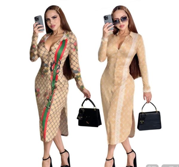 Vestido casual de talla pluz para mujer, temperamento sexy y popular, camisa de manga larga de alta calidad, cuello polo, vestido dividido, estilo diseñador, vestido largo de moda de Italia y París