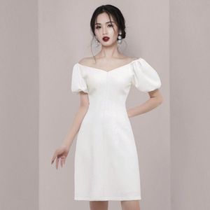 Femmes Casual Sexy Col V Solide Blanc Puff Sleeve Robe Femme Simple Mode Coton Blouse Robe Été Mini Robe 210514