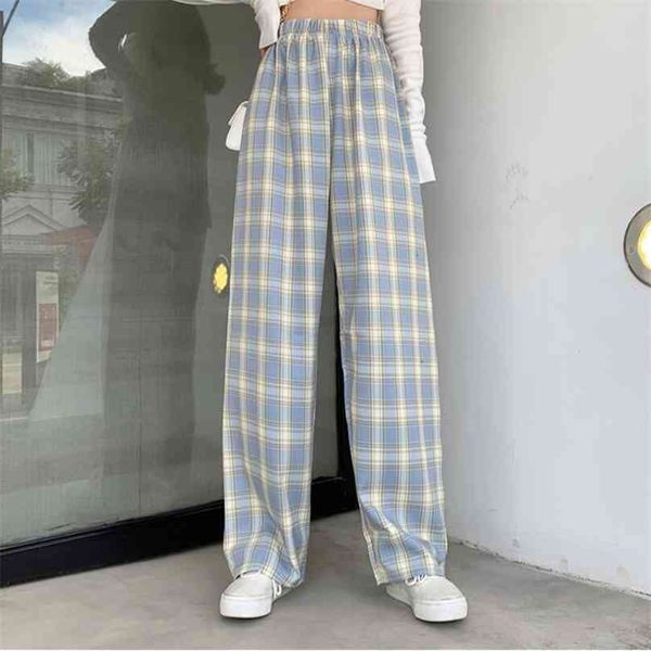 Pantalones a cuadros de pierna ancha a cuadros para mujer, pantalones holgados de cintura elástica alta para niñas, ropa de verano 2XL, ropa de calle para mujer 210925