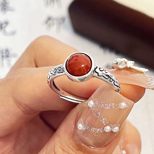 Bague alimentaire ouverte en Agate rouge du sud pour femmes, Style chinois, artisanat ancien, motif ethnique