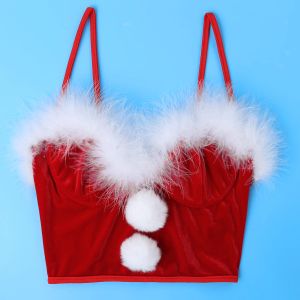 Dames kerstuniform Santa Claus Crop Top Skater Fuzzy Ball Decor Flanel Corset Kerstmis Nieuwjaarskostuum voor themafeest