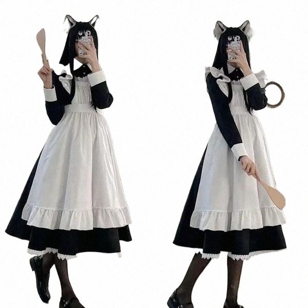 Femmes classiques Lolita Maid Dr Vintage Inspiré Tenues pour femmes Cosplay Anime Girl Noir Lg Manches Cos Maid Costume S-3XL v4ex #