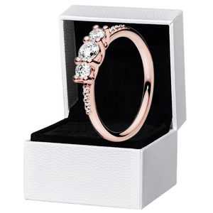 Bague pour femme à trois pierres claires Authentique en argent 925 plaqué or rose Bijoux de mariage pour pandora CZ diamant petite amie Bagues cadeaux avec boîte d'origine