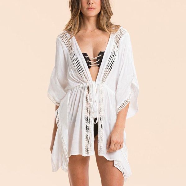 Vêtements pour femmes Blanc Cover-Ups Plage Évider Taille Cordon Tunique Mode Coton Sauvage Solide Couleur Sunproof Maillot de Bain Maillots de Bain