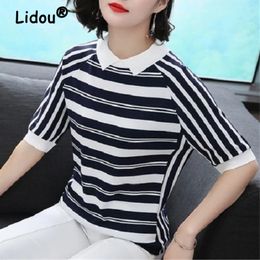 Vêtements pour femmes 2023 été mode coréenne rayé élégant tricoté t-shirts à manches courtes mince pull haut en tricot Camisetas Mujer 240124