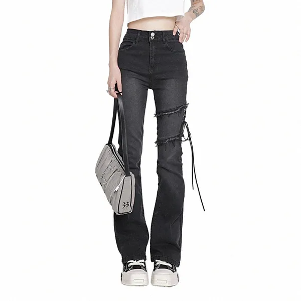 Vêtements pour femmes Flare Jeans Noir Laçage Taille Haute Extensible Auto Cultivati Vintage Casual Baggy Dames Denim Pantalon Été T0rL #