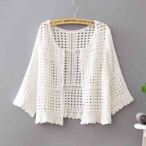 Vêtements pour femmes Dentelle Coton Manteau Crochet Cardigan Blouses Blanches Chemises Sexy Évider Tricoté Chemise Femme 861H6 210420