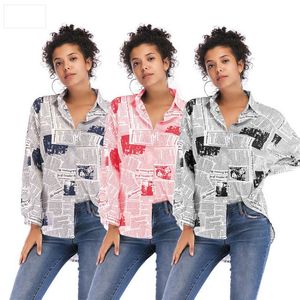 Dameskleding Maat M L XL Europese Amerikaanse Mode Letters Gedrukt Krant Losse Shirt Dames Revers Single-Breasted Shirt