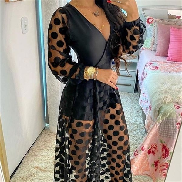 Ropa de mujer Primavera Polkadot Imprimir Wrap Manga larga Maxi Vestido Ver a través de la fiesta Boda Formal Elegante Boho V Cuello 220406