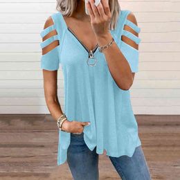 Vêtements pour femmes Chemises d'été Casual Off épaule Tops à manches courtes Deep V-cou Zipper Blouse Ladies Loose Solid Color Shirts L220705