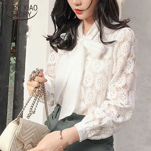 Vêtements pour femmes Blouse blanche Chemises Vêtements de mode coréenne Bow Chemisier en mousseline de soie Solide Harajuku Dames Tops 3474 50 210527
