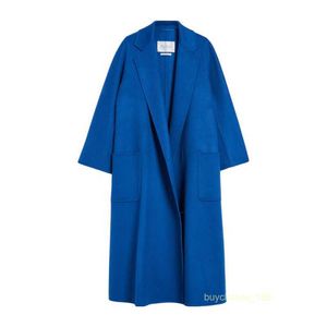 Manteau de manteau de femme en cachemire manteau de luxe Max Maras Womens Cashmere tissu Handsewn Blue Long Coat