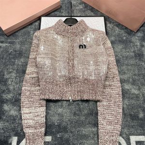 Damesjasje Designer lente en herfst minimalistische modetrend Amerikaanse korte roze rits trui zware industrie kraal letter water diamant patch