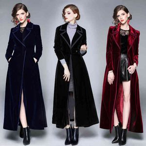 Manteau femme hiver Designer femmes Vintage col cranté Wrap noir velours Maxi manteau épais chaud Long Trench Outwear 905i 210420
