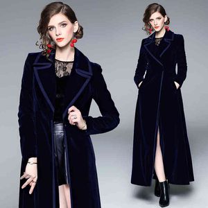 Manteau femme hiver piste Designer femmes Vintage col cranté Wrap noir velours Maxi manteau épais chaud Long Trench manteau Outwear 210412