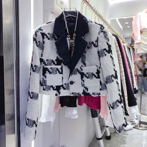 Tweed wollen jas met kleurblokpatroon voor dames, verdikking korte blazerjas met hoge taille SML