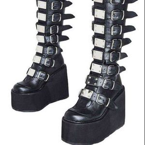Femmes Cosplay bottes hautes hiver Long Tube cuir chevalier botte Punk gothique classique noir chaussures à talons hauts genou haut 220514