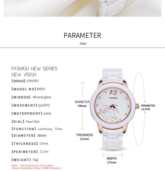 Vestido de disfraz para mujer, reloj de moda, caja de cerámica, relojes impermeables de lujo, reloj de pulsera con correa blanca para mujer, bonito reloj 249k