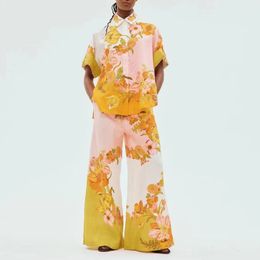 Australischer Designer-Leinenanzug mit Blumenmuster, kurzärmeligem Hemd und weitem Bein