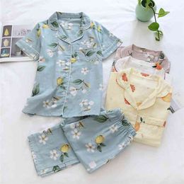 Dames katoen pyjama 2 stks Home Pak Korte Mouw Top + Broek Nachtkleding Set Vrouwelijke Mooie Gedrukt HomeEwear Cardigan Pyjama 210809