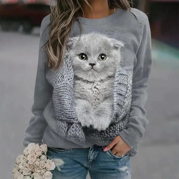 Sweat-shirt en coton pour femmes pull à manches longues femme chat graphique impression 3D t-shirt mode de rue vêtements surdimensionnés t-shirts 240102