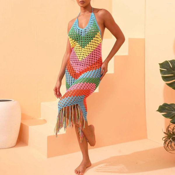 Robe de plage à la plage Tassel à Crochet Crochet Robe Sexy V Couche sans dossier de maillot de bain sans dossier de backsuit à dossier de baignoire pour femmes