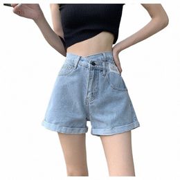 Dames Crossover Design A-lijn Wijde Pijpen Blauwe Denim Shorts Street Style Jong Meisje Capri Zomer Vrouwelijke Hoge Taille Mini Jeans O6ZN#