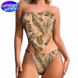 Maillot de bain bikini personnalisé pour femme HD à motifs avec sangle Nombril avec haut sans bretelles Short taille basse 86 % polyester + 14 % élasthanne 137 g Orange