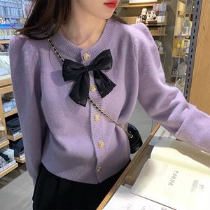 Schattige lavendelkleurige single-breasted bow patched gebreide sweater cardigan jas SMLXL voor dames
