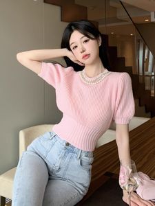 Pull à manches courtes bouffantes de perles de couleur rose pour femmes, tricoté, taille fine, hauts en tricot, t-shirts SMLXL